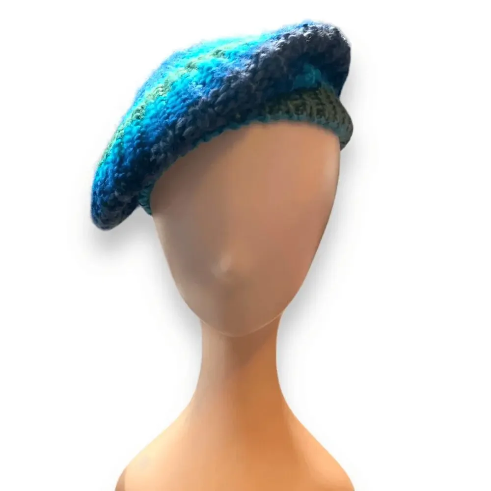 Knit Beret Hat Green Blue Tonal Shades Warm Winter Essential